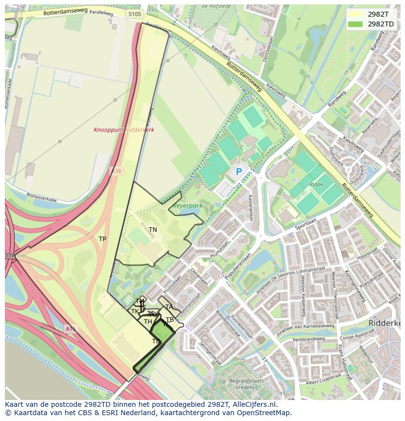 Afbeelding van het postcodegebied 2982 TD op de kaart.