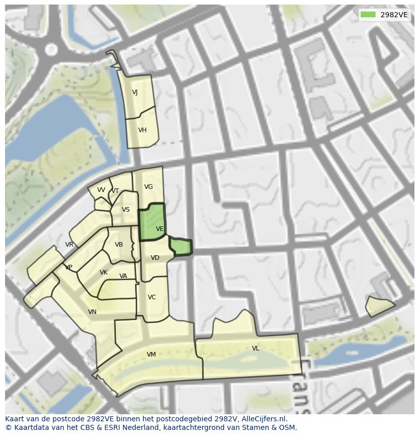 Afbeelding van het postcodegebied 2982 VE op de kaart.