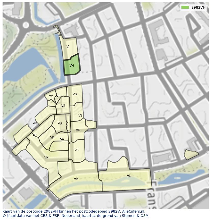 Afbeelding van het postcodegebied 2982 VH op de kaart.