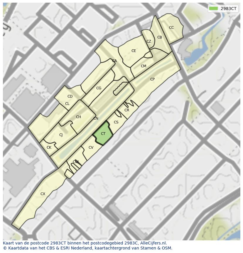 Afbeelding van het postcodegebied 2983 CT op de kaart.
