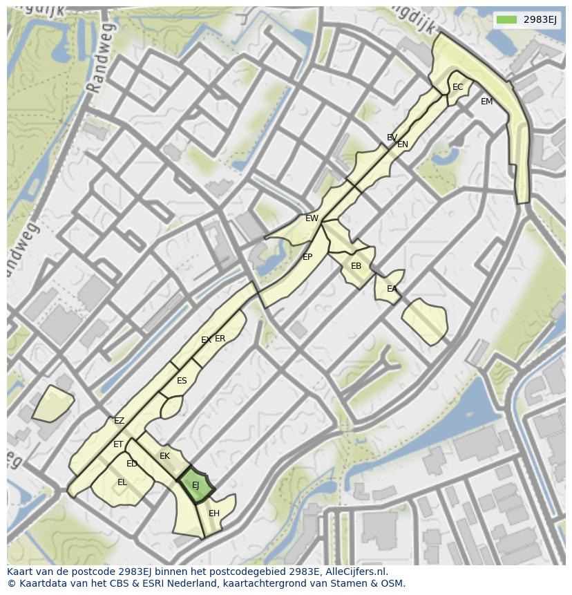 Afbeelding van het postcodegebied 2983 EJ op de kaart.