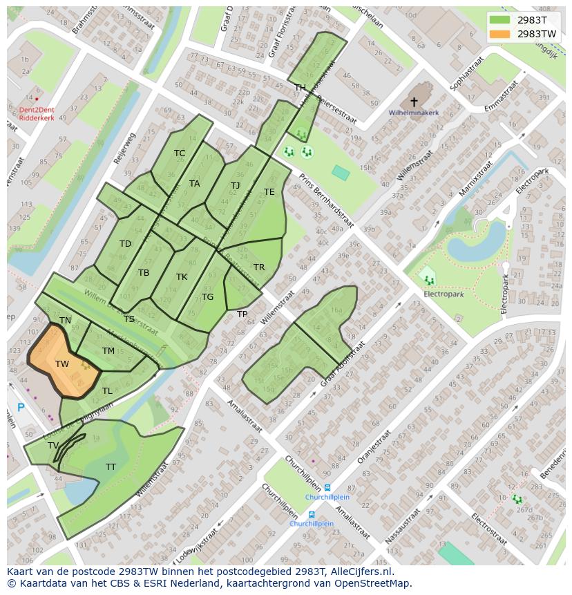 Afbeelding van het postcodegebied 2983 TW op de kaart.