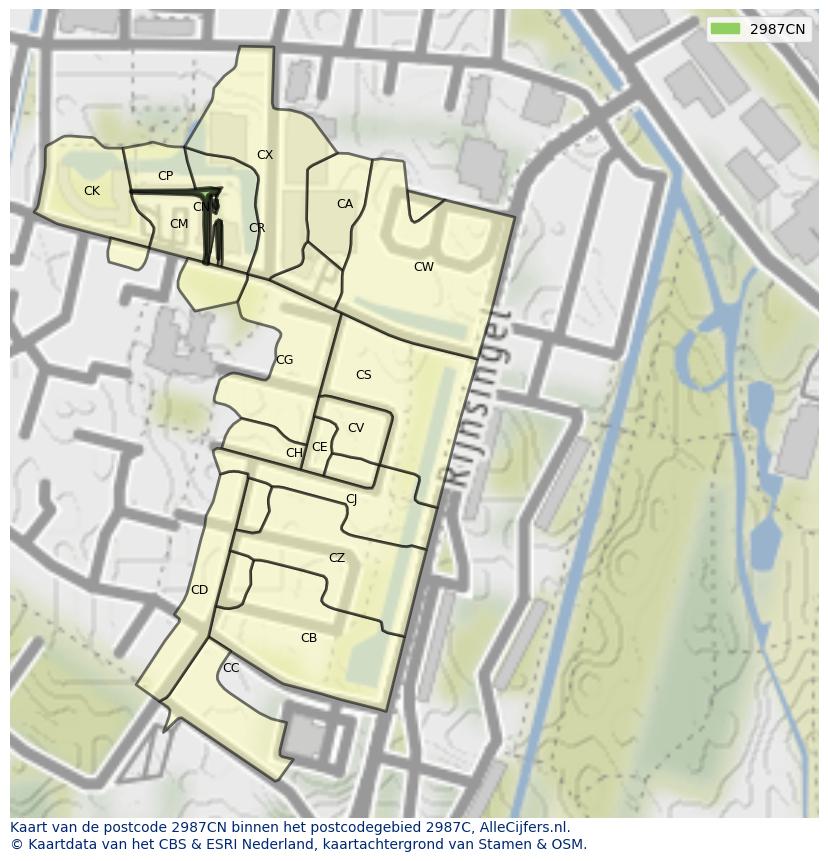Afbeelding van het postcodegebied 2987 CN op de kaart.