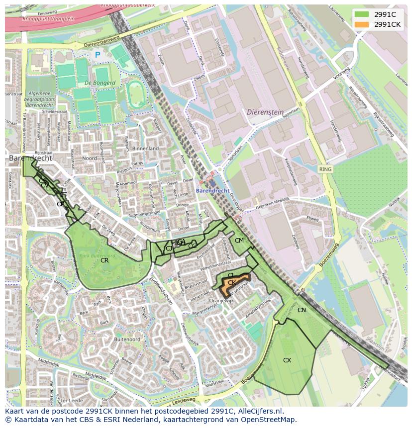 Afbeelding van het postcodegebied 2991 CK op de kaart.