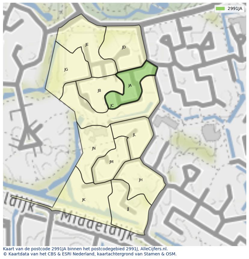 Afbeelding van het postcodegebied 2991 JA op de kaart.