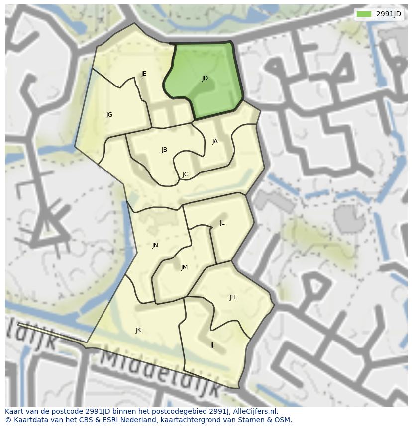 Afbeelding van het postcodegebied 2991 JD op de kaart.
