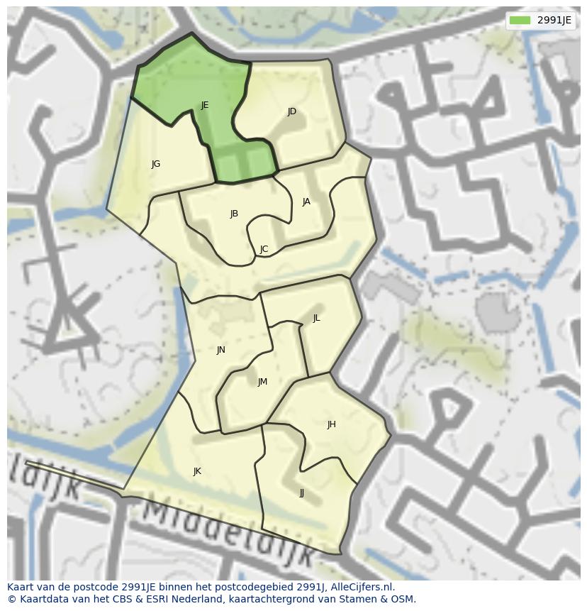 Afbeelding van het postcodegebied 2991 JE op de kaart.