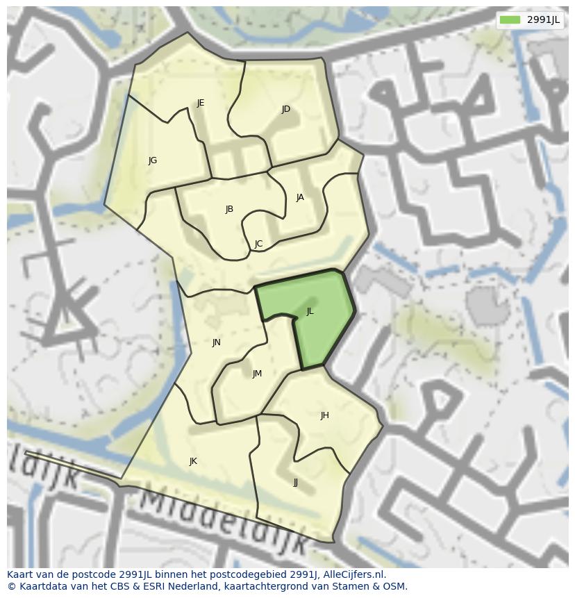 Afbeelding van het postcodegebied 2991 JL op de kaart.
