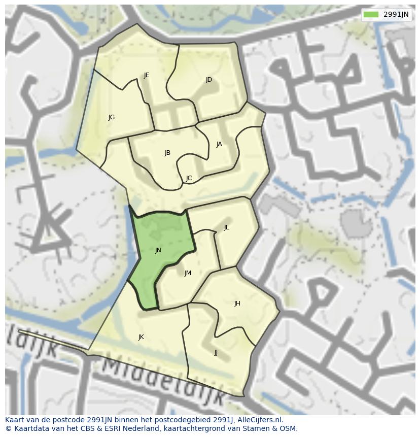 Afbeelding van het postcodegebied 2991 JN op de kaart.
