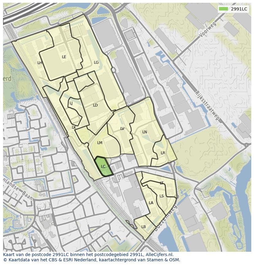 Afbeelding van het postcodegebied 2991 LC op de kaart.