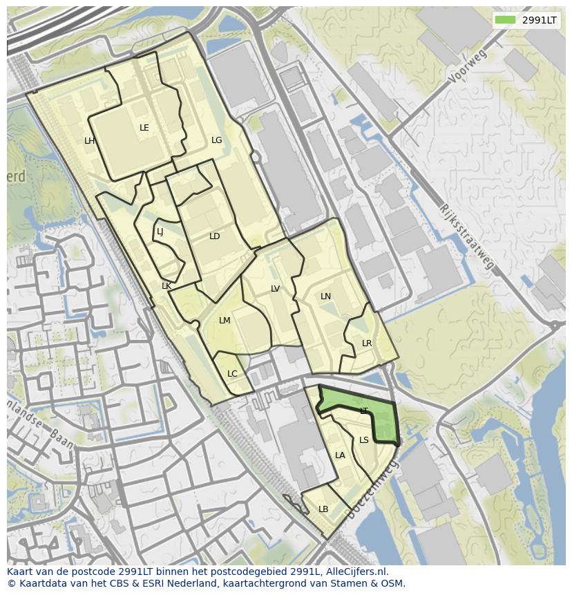 Afbeelding van het postcodegebied 2991 LT op de kaart.