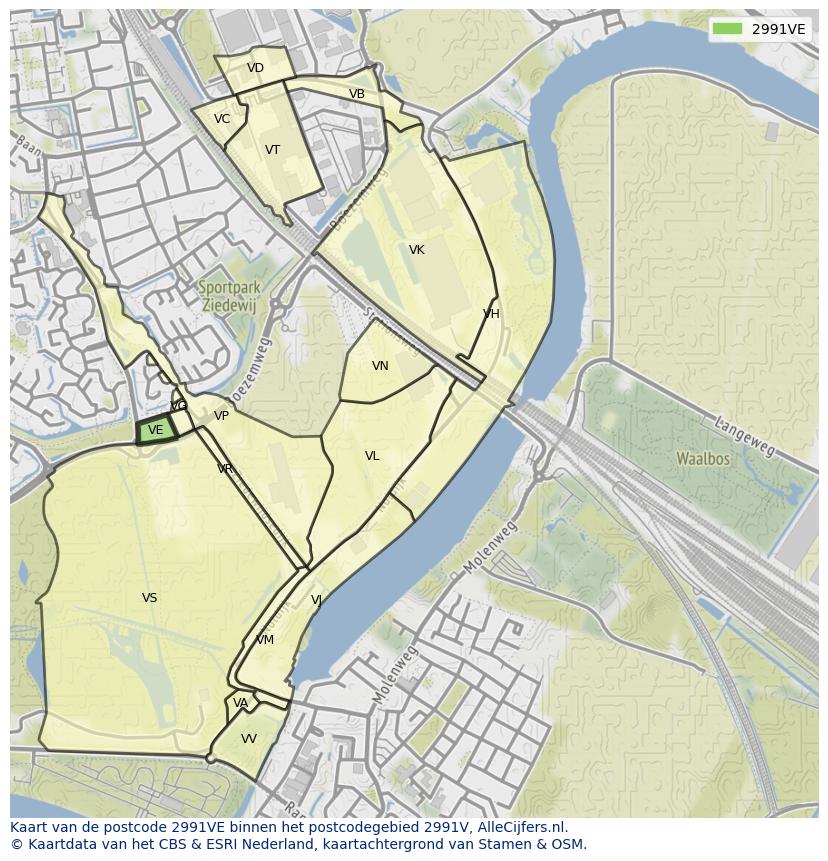 Afbeelding van het postcodegebied 2991 VE op de kaart.