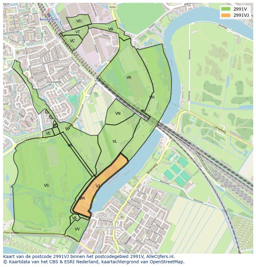 Afbeelding van het postcodegebied 2991 VJ op de kaart.