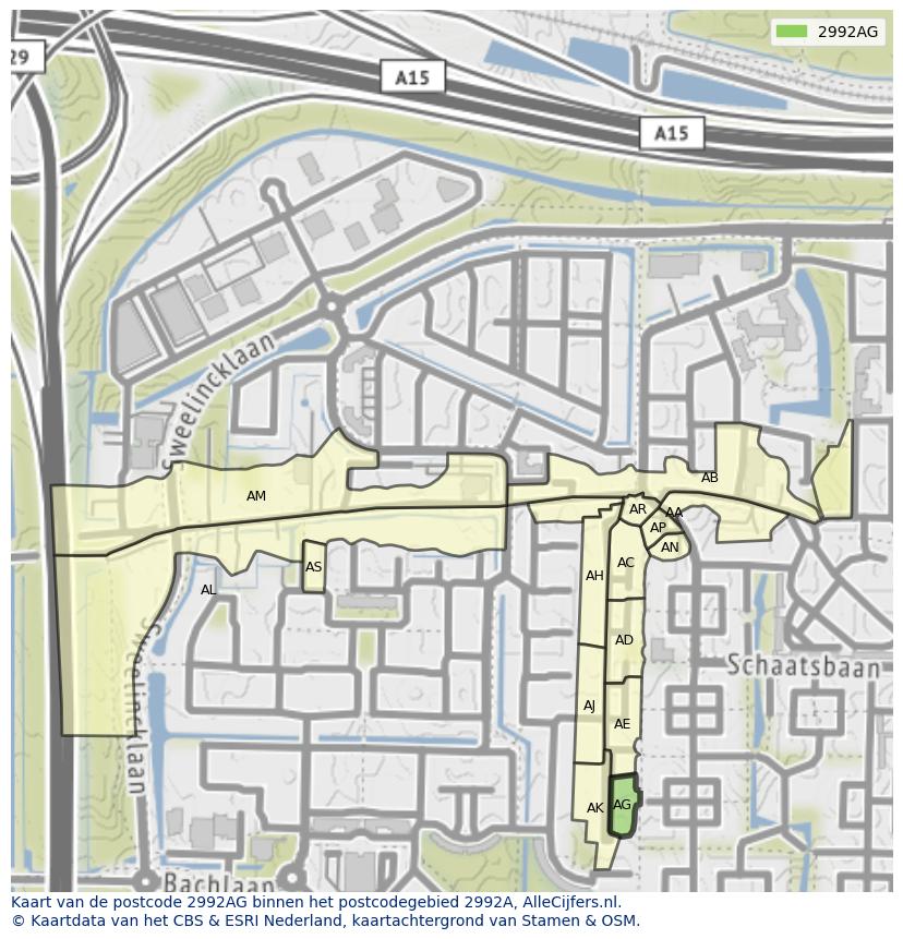 Afbeelding van het postcodegebied 2992 AG op de kaart.