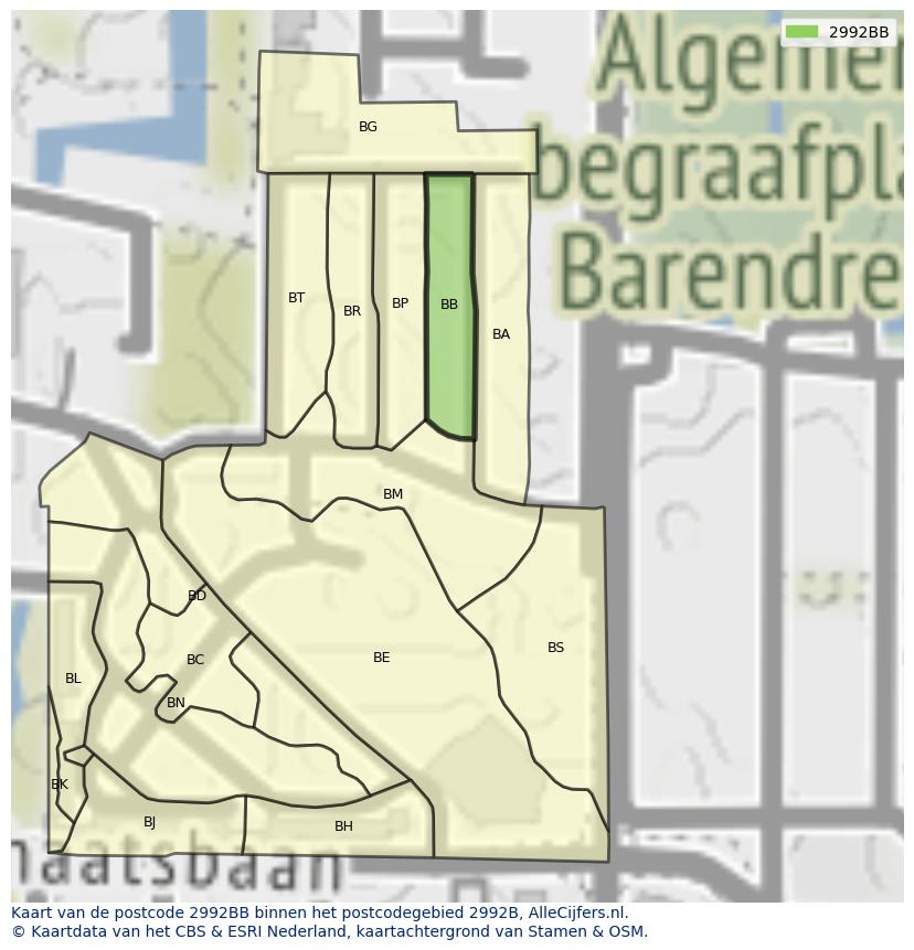 Afbeelding van het postcodegebied 2992 BB op de kaart.