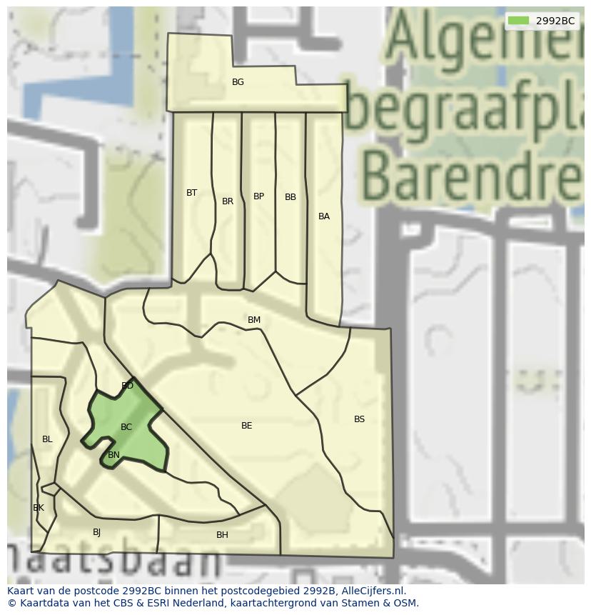 Afbeelding van het postcodegebied 2992 BC op de kaart.