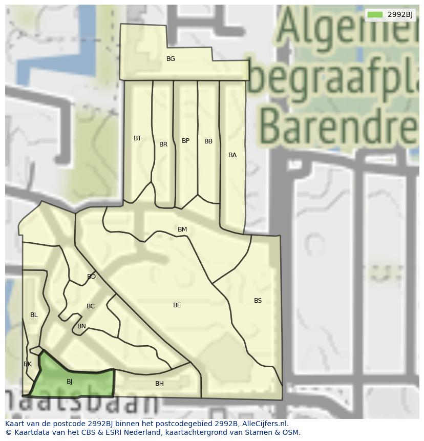 Afbeelding van het postcodegebied 2992 BJ op de kaart.