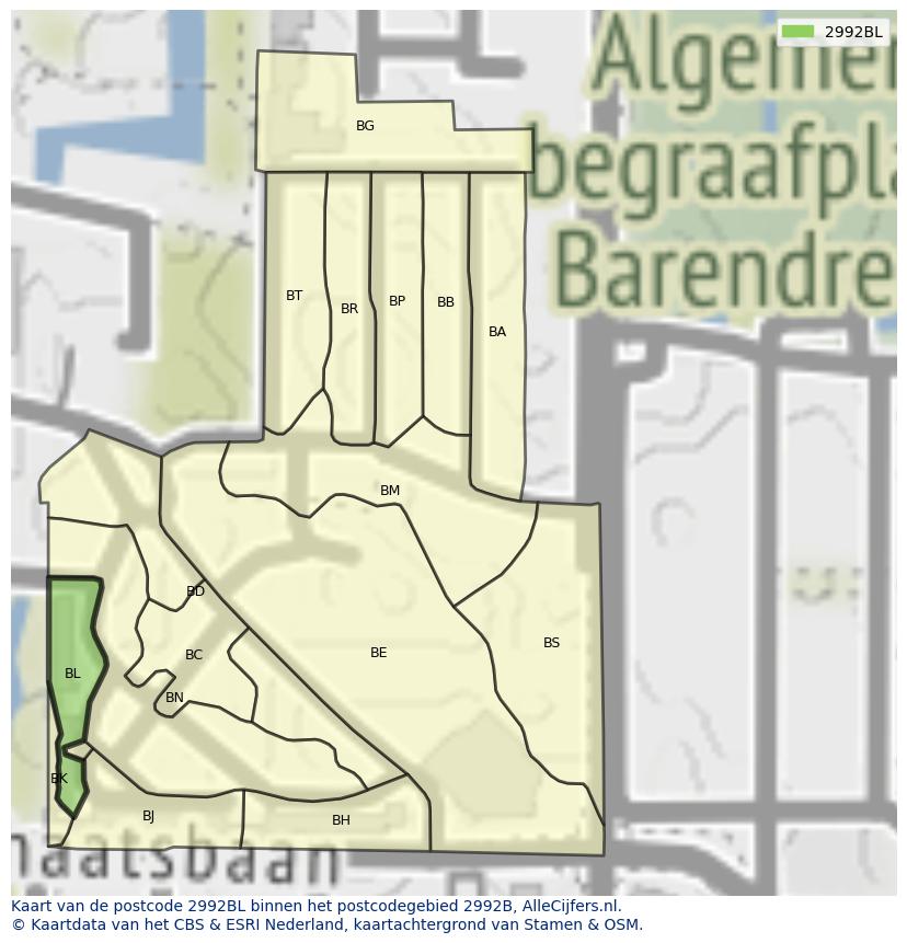 Afbeelding van het postcodegebied 2992 BL op de kaart.