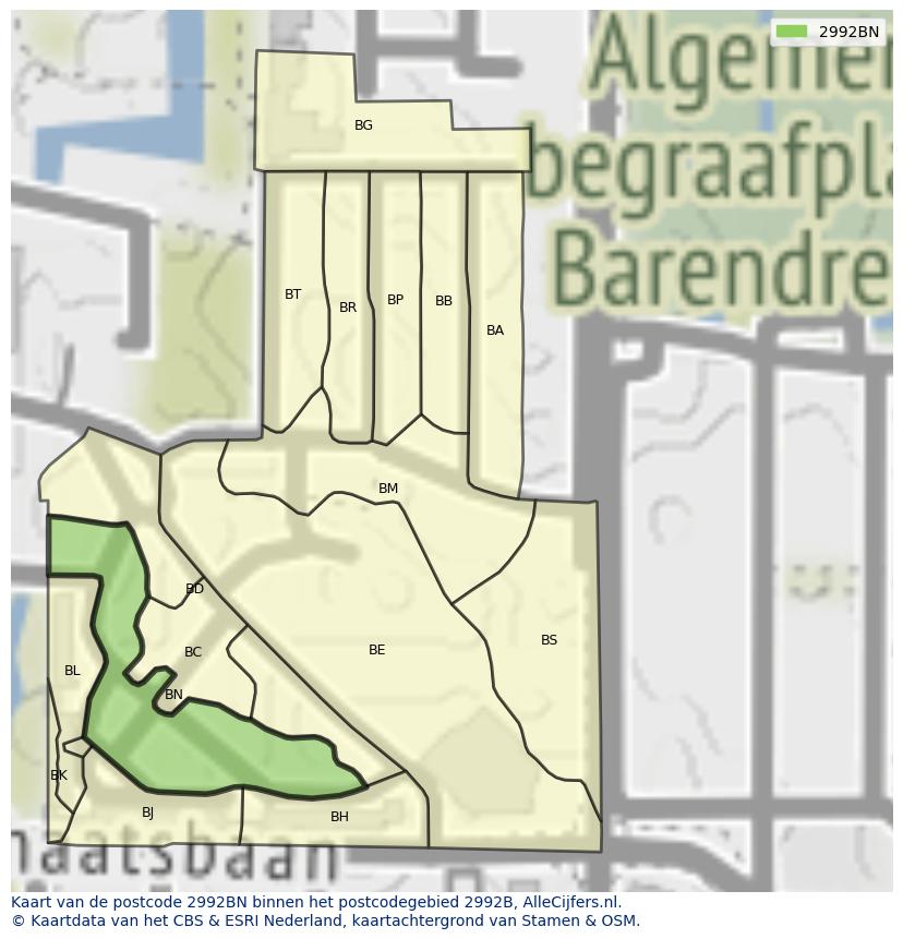 Afbeelding van het postcodegebied 2992 BN op de kaart.
