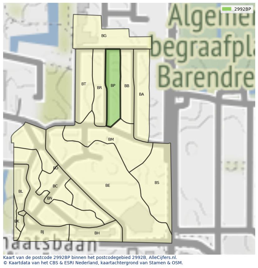 Afbeelding van het postcodegebied 2992 BP op de kaart.