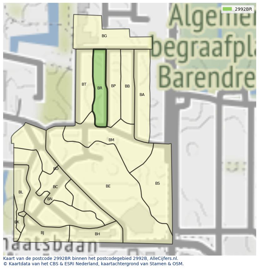 Afbeelding van het postcodegebied 2992 BR op de kaart.