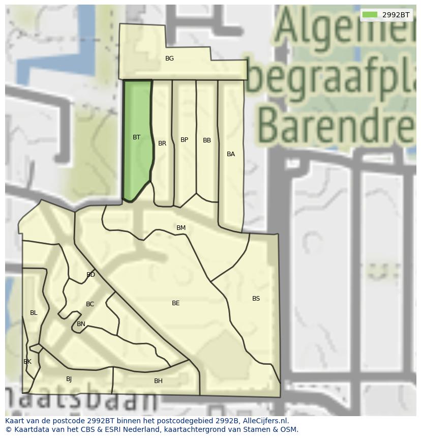 Afbeelding van het postcodegebied 2992 BT op de kaart.