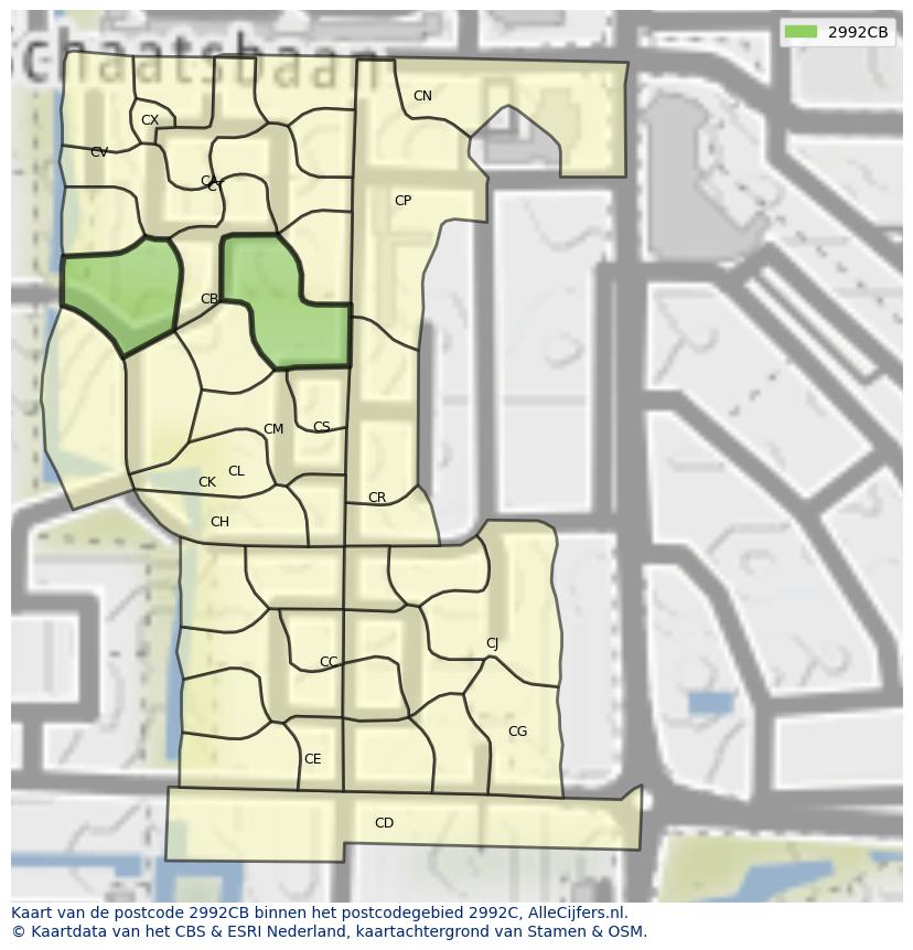Afbeelding van het postcodegebied 2992 CB op de kaart.
