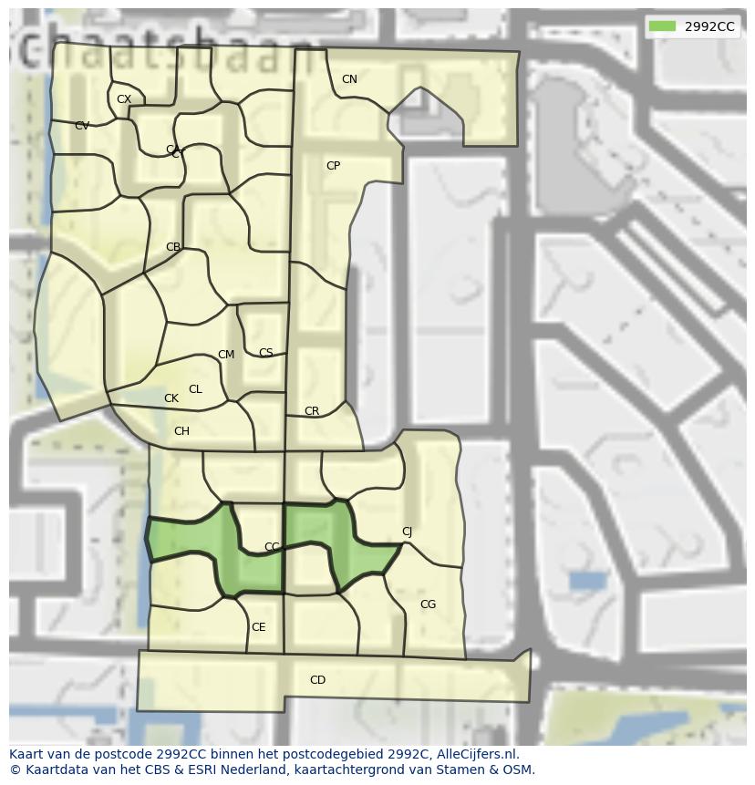 Afbeelding van het postcodegebied 2992 CC op de kaart.