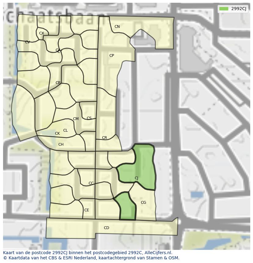Afbeelding van het postcodegebied 2992 CJ op de kaart.