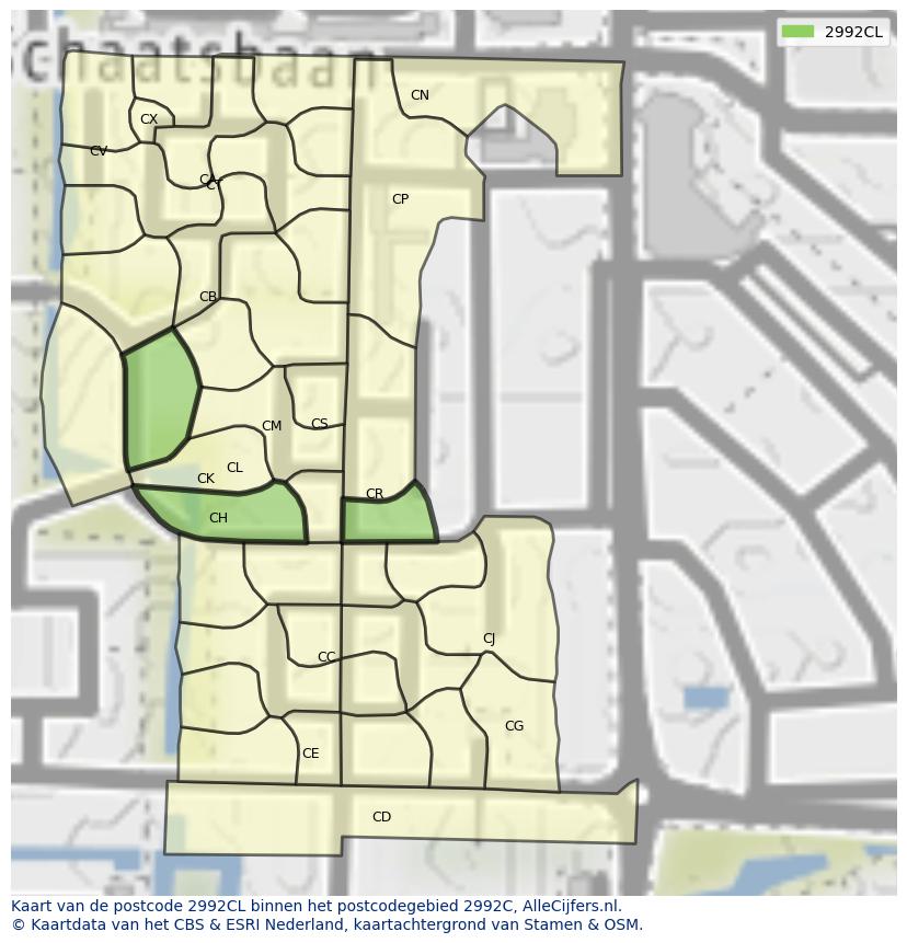 Afbeelding van het postcodegebied 2992 CL op de kaart.