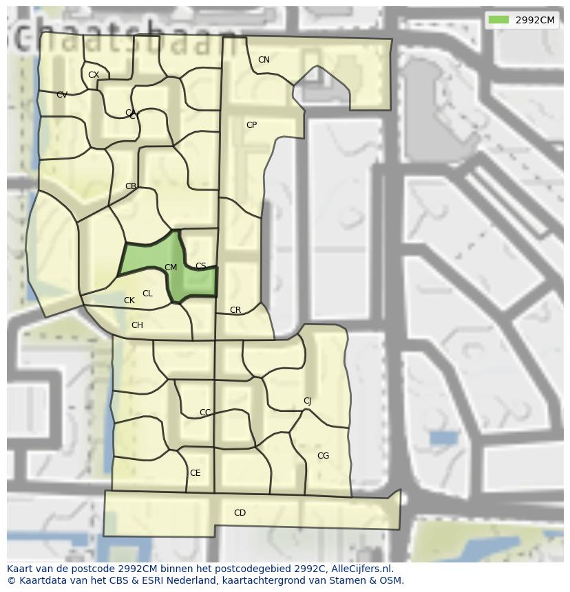 Afbeelding van het postcodegebied 2992 CM op de kaart.
