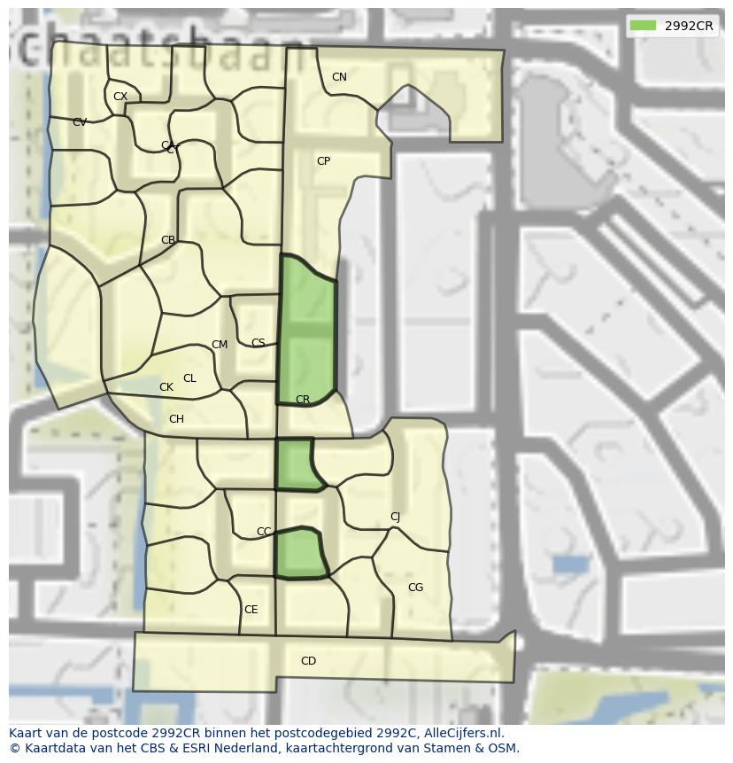 Afbeelding van het postcodegebied 2992 CR op de kaart.