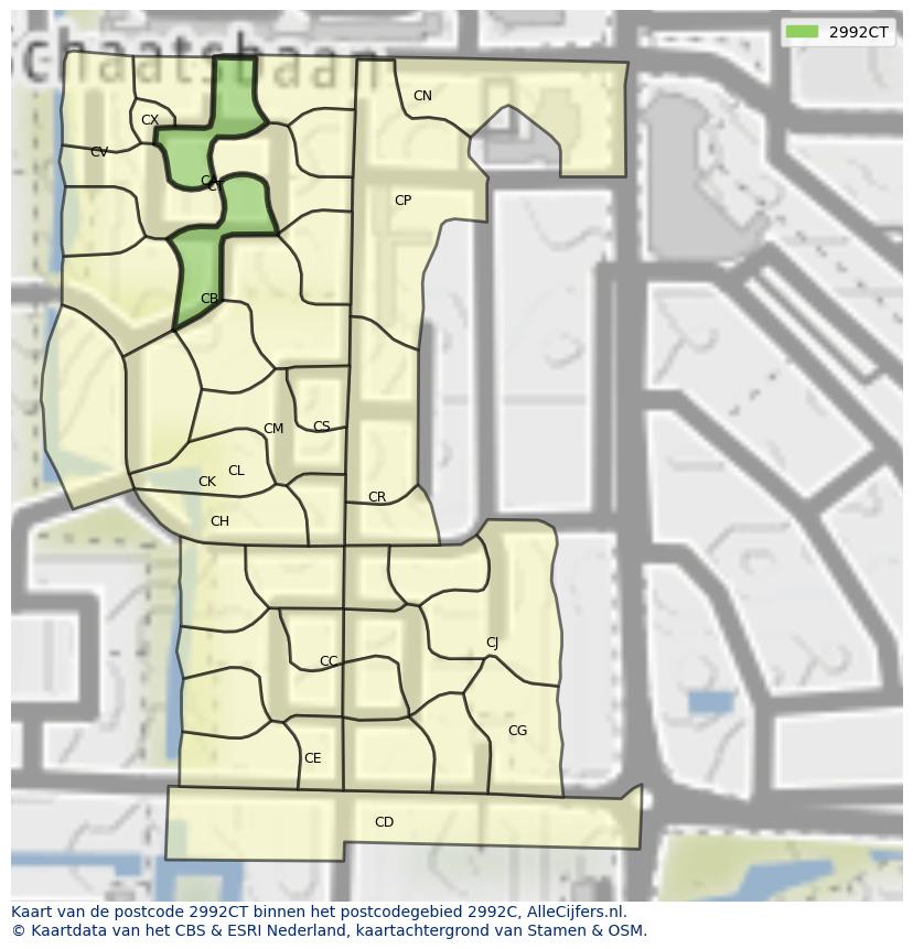Afbeelding van het postcodegebied 2992 CT op de kaart.
