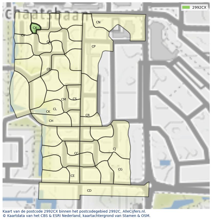Afbeelding van het postcodegebied 2992 CX op de kaart.