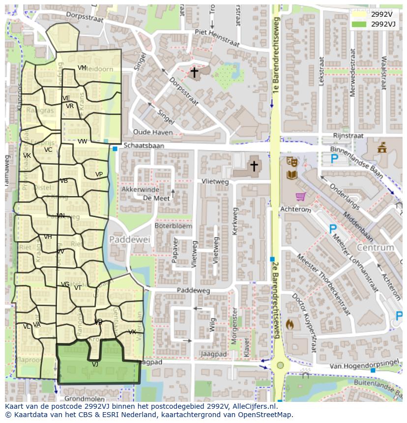 Afbeelding van het postcodegebied 2992 VJ op de kaart.