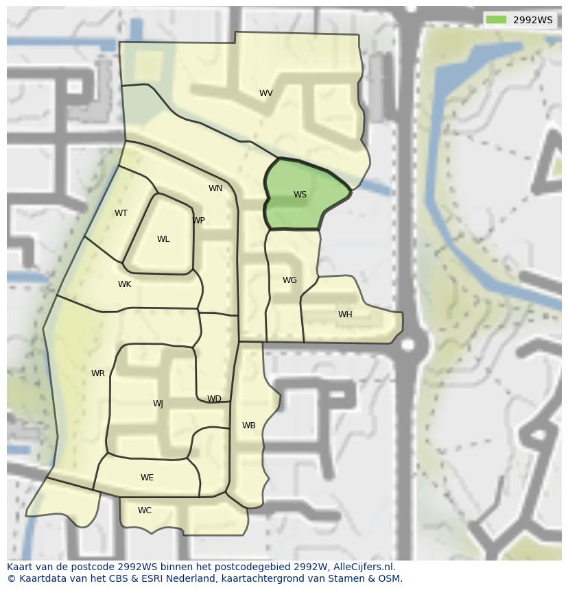 Afbeelding van het postcodegebied 2992 WS op de kaart.