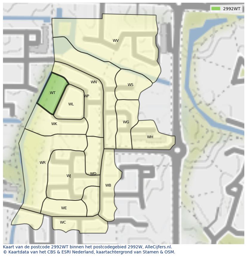 Afbeelding van het postcodegebied 2992 WT op de kaart.