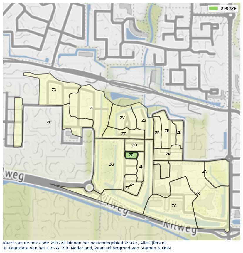 Afbeelding van het postcodegebied 2992 ZE op de kaart.