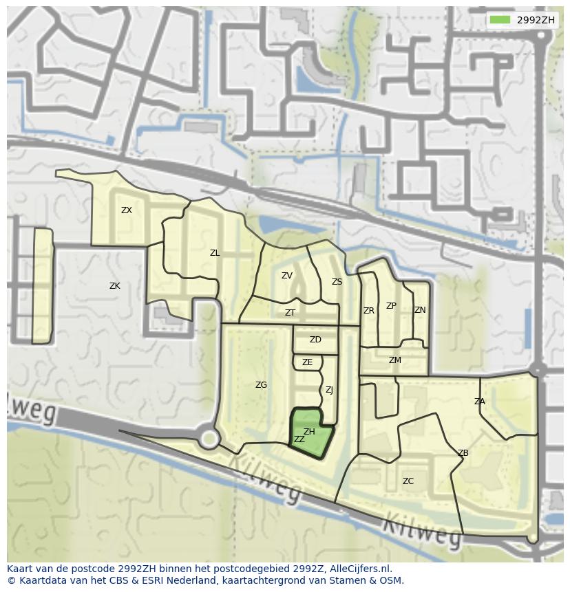Afbeelding van het postcodegebied 2992 ZH op de kaart.