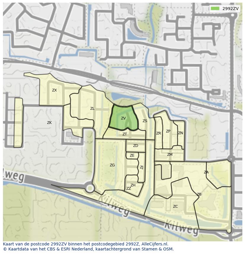 Afbeelding van het postcodegebied 2992 ZV op de kaart.