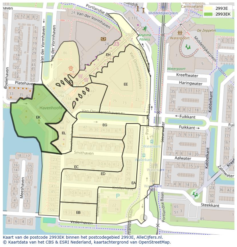 Afbeelding van het postcodegebied 2993 EK op de kaart.