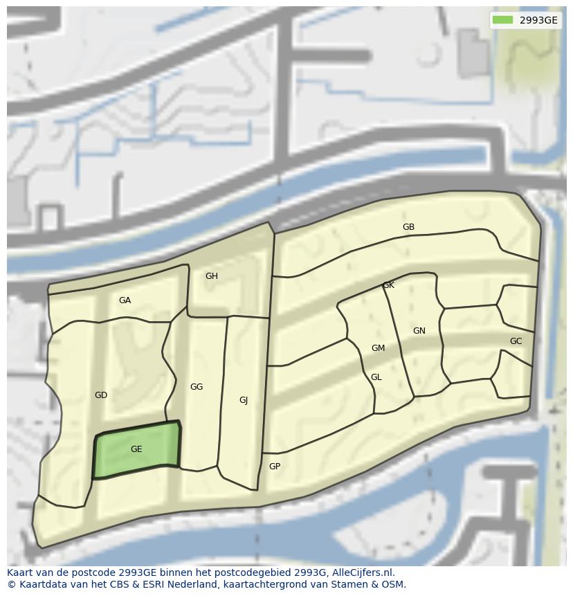 Afbeelding van het postcodegebied 2993 GE op de kaart.