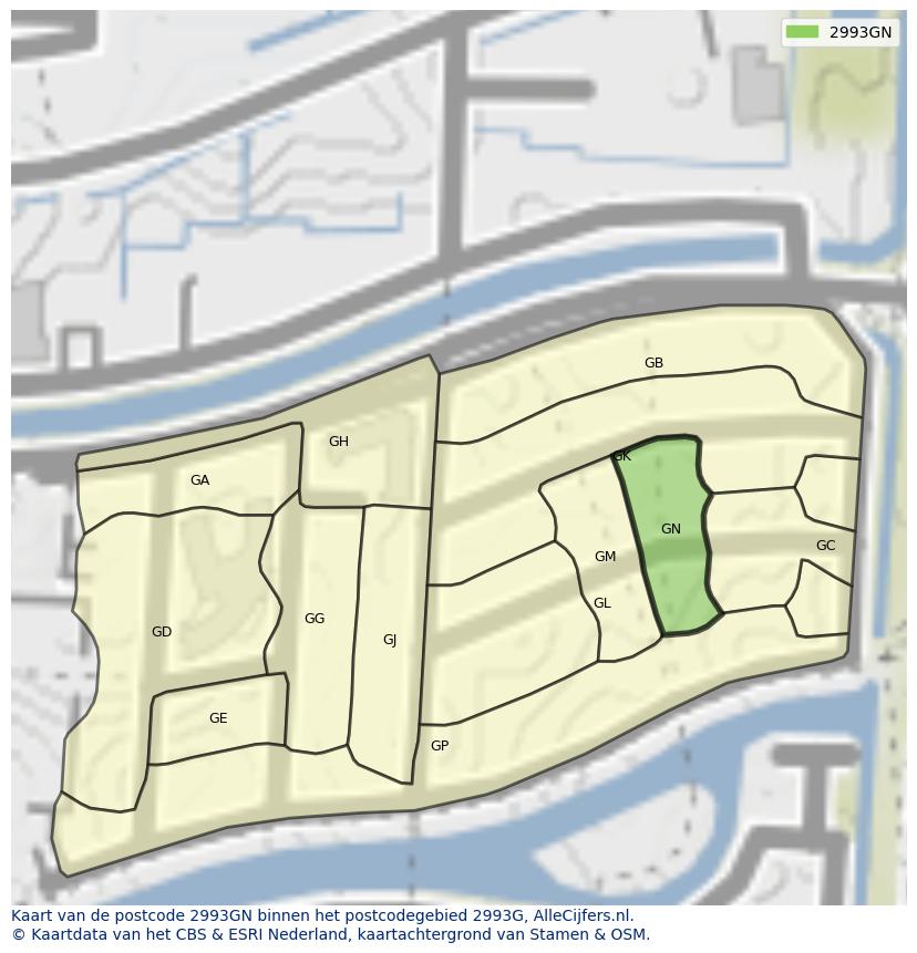 Afbeelding van het postcodegebied 2993 GN op de kaart.