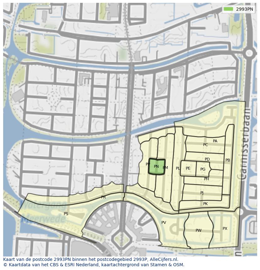 Afbeelding van het postcodegebied 2993 PN op de kaart.