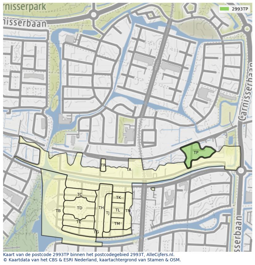 Afbeelding van het postcodegebied 2993 TP op de kaart.