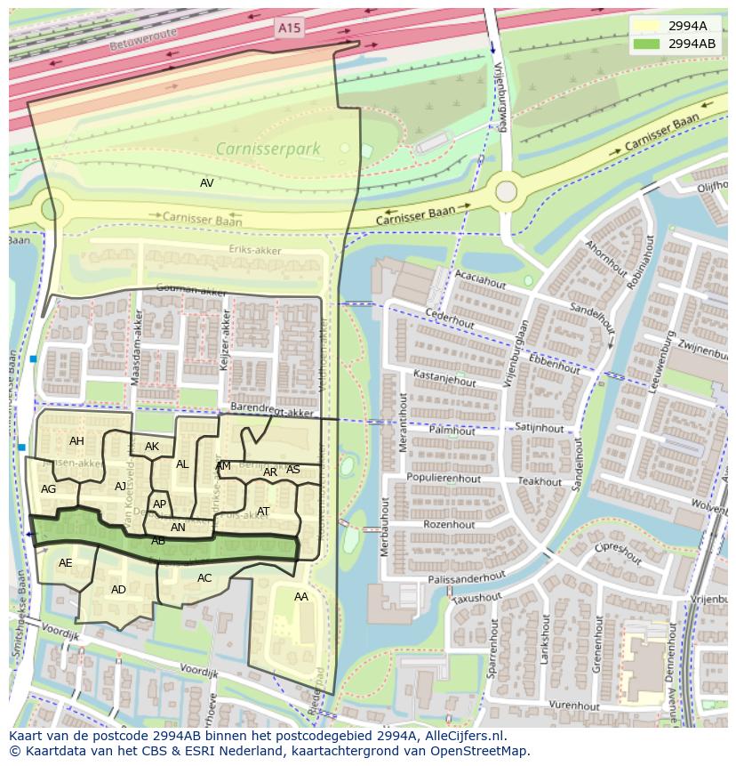 Afbeelding van het postcodegebied 2994 AB op de kaart.