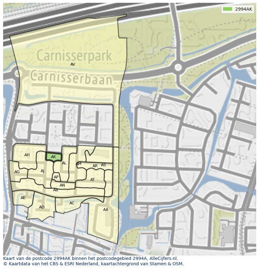 Afbeelding van het postcodegebied 2994 AK op de kaart.