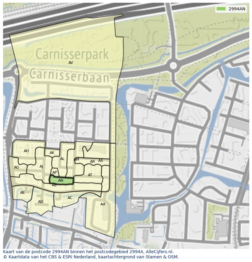 Afbeelding van het postcodegebied 2994 AN op de kaart.