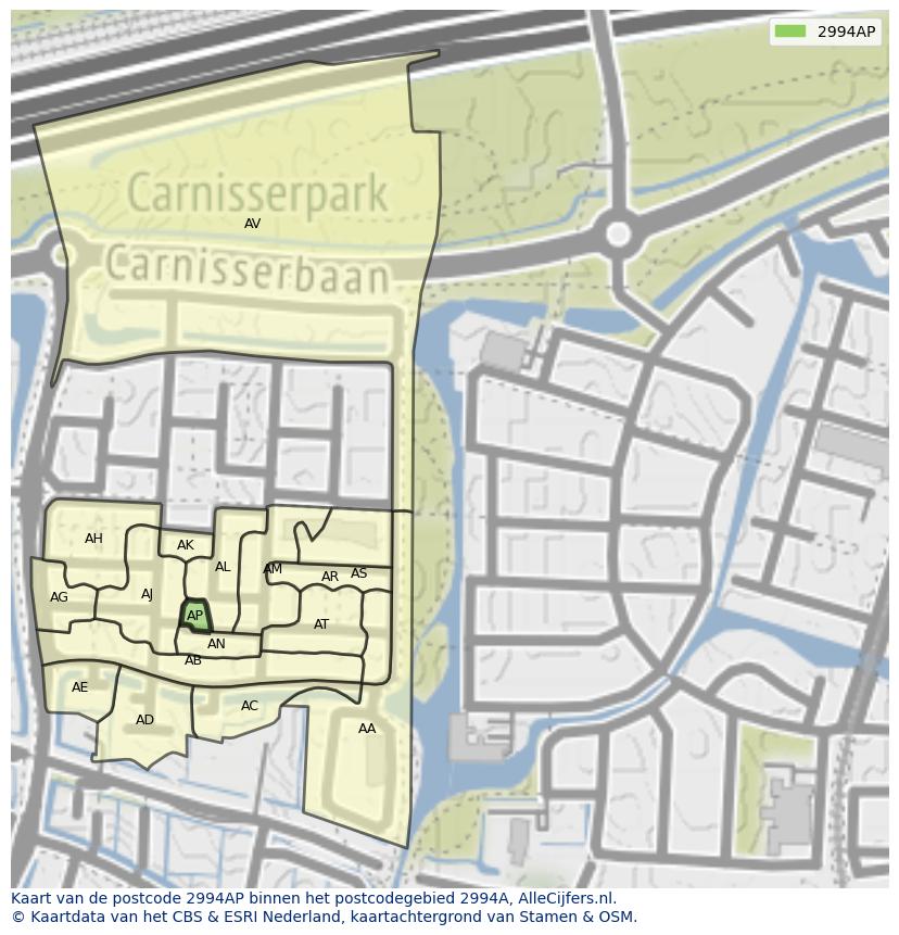 Afbeelding van het postcodegebied 2994 AP op de kaart.