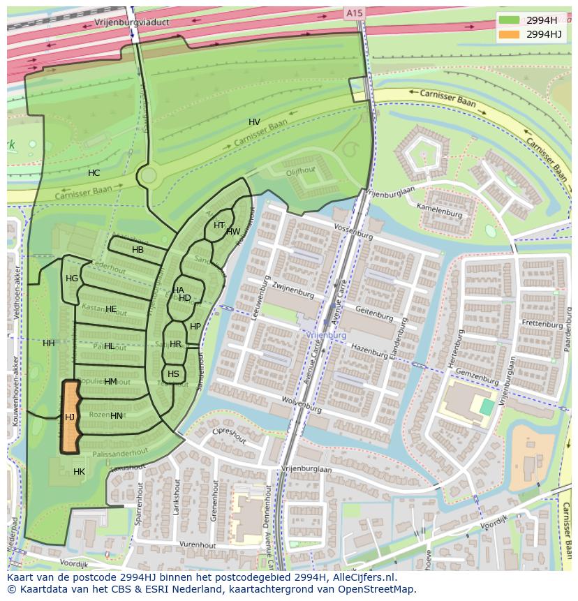Afbeelding van het postcodegebied 2994 HJ op de kaart.